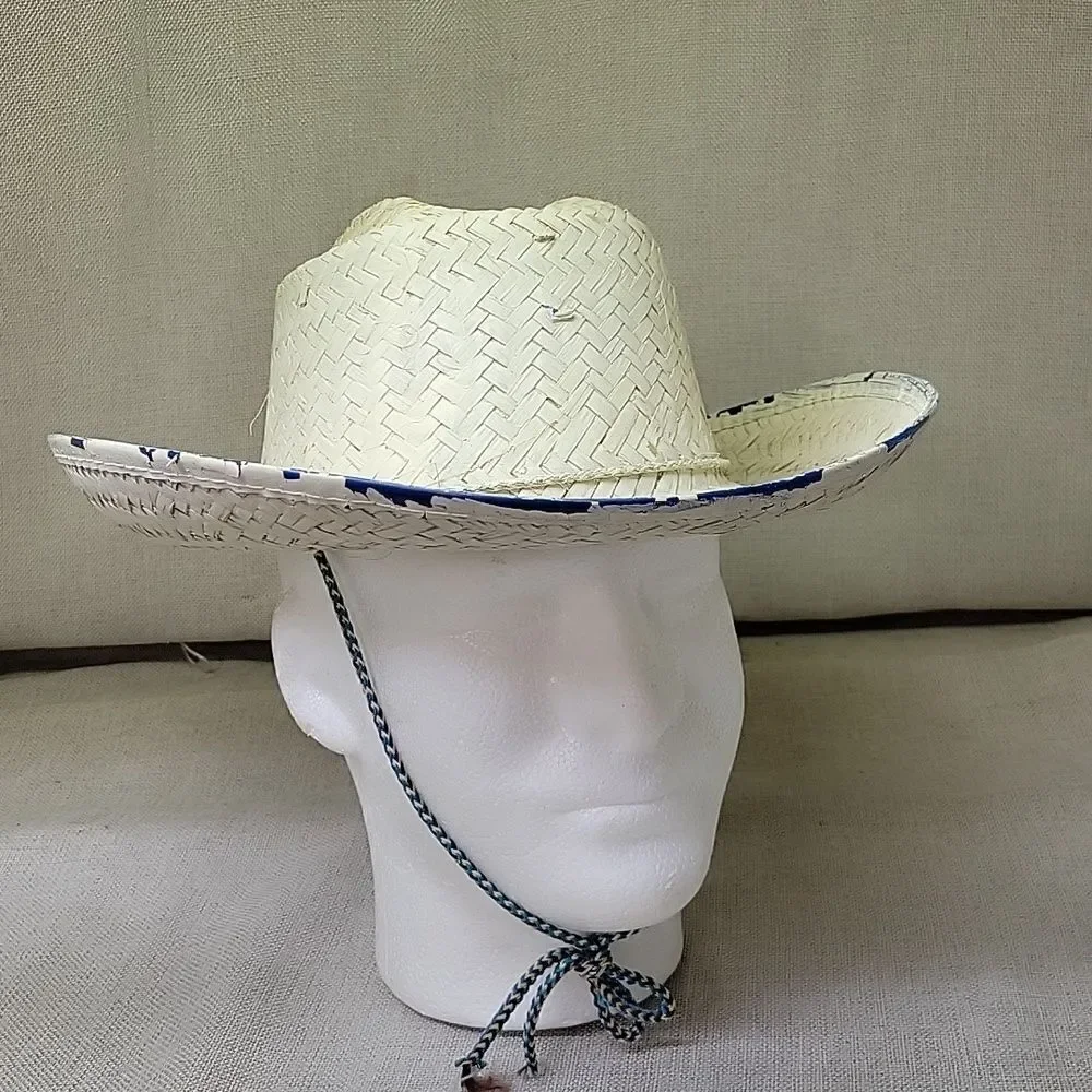 Straw‎ cowboy hat with blue trim.